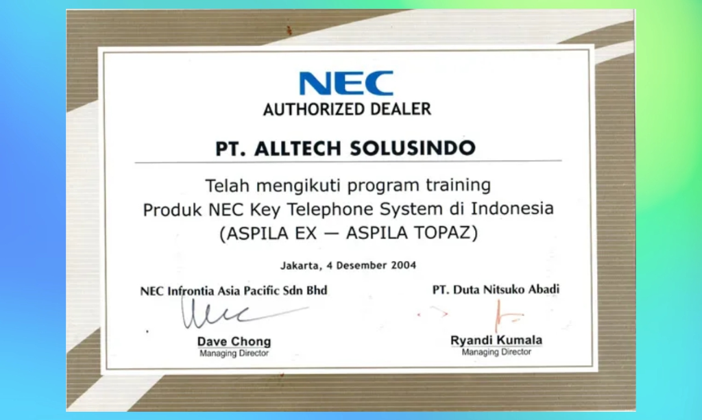 NEC Authorized Dealer Certificate
